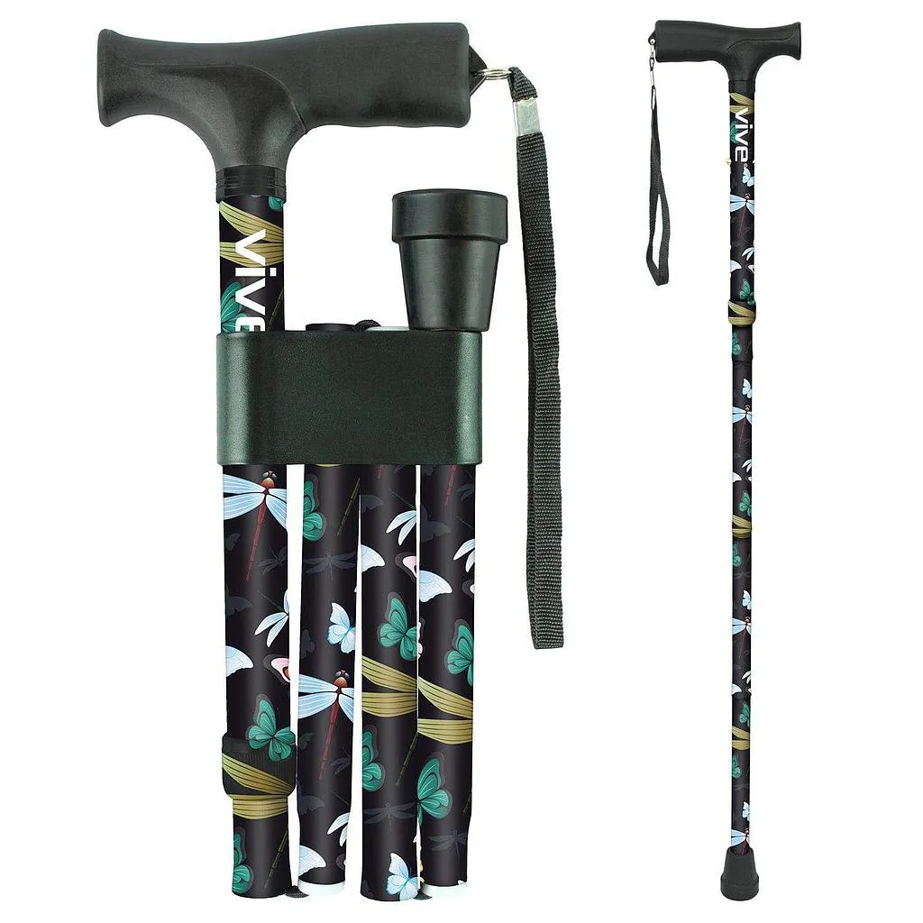 FOLDING CANE, 33"-37" HEIGHT, ERGONOMIC GRIP, TRAVEL CLIP AND POUCH