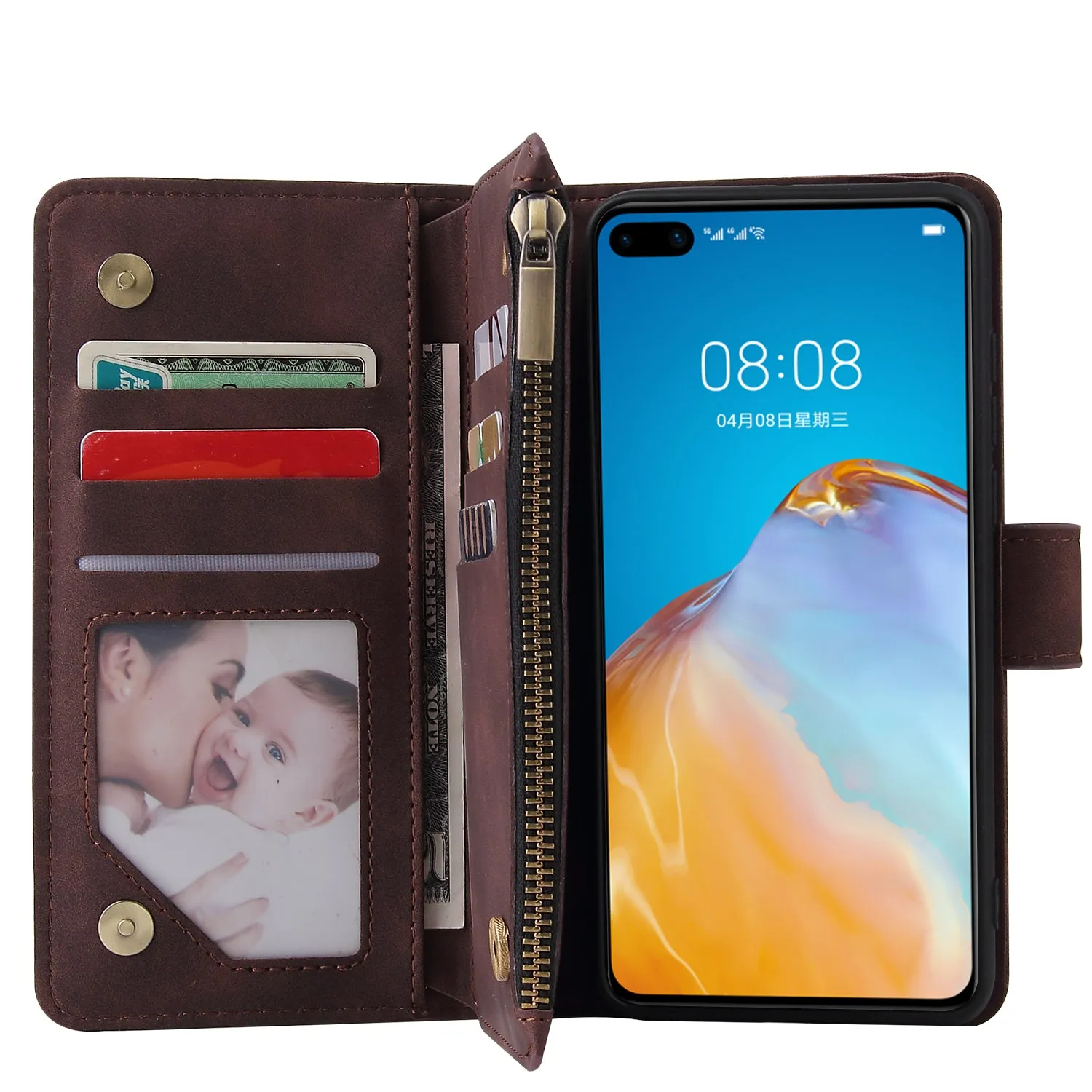 For HUAWEI P40 Case Smartphone Shell Wallet Design Zipper Closure Overall Protection Cellphone Cover  3 brown