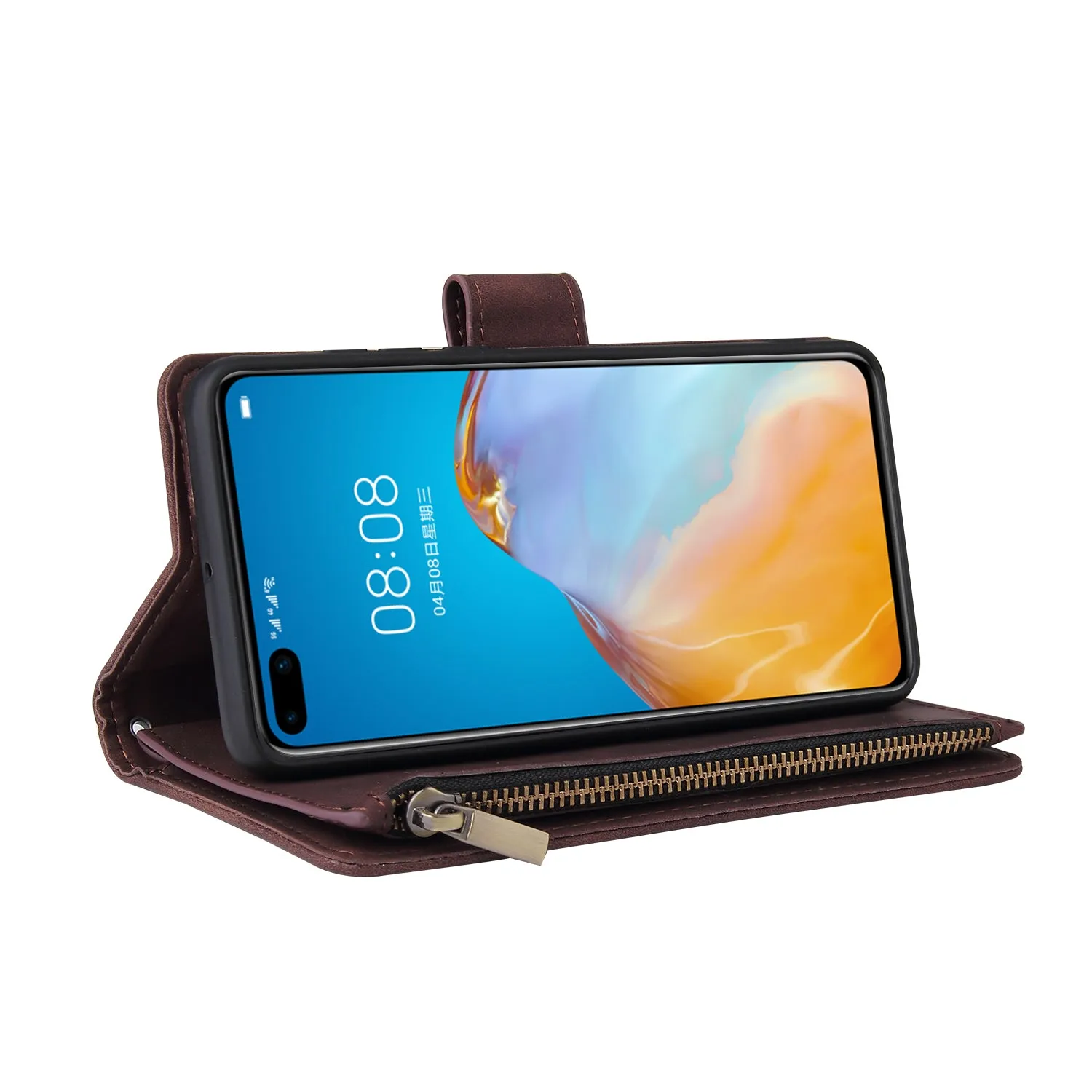 For HUAWEI P40 Case Smartphone Shell Wallet Design Zipper Closure Overall Protection Cellphone Cover  3 brown