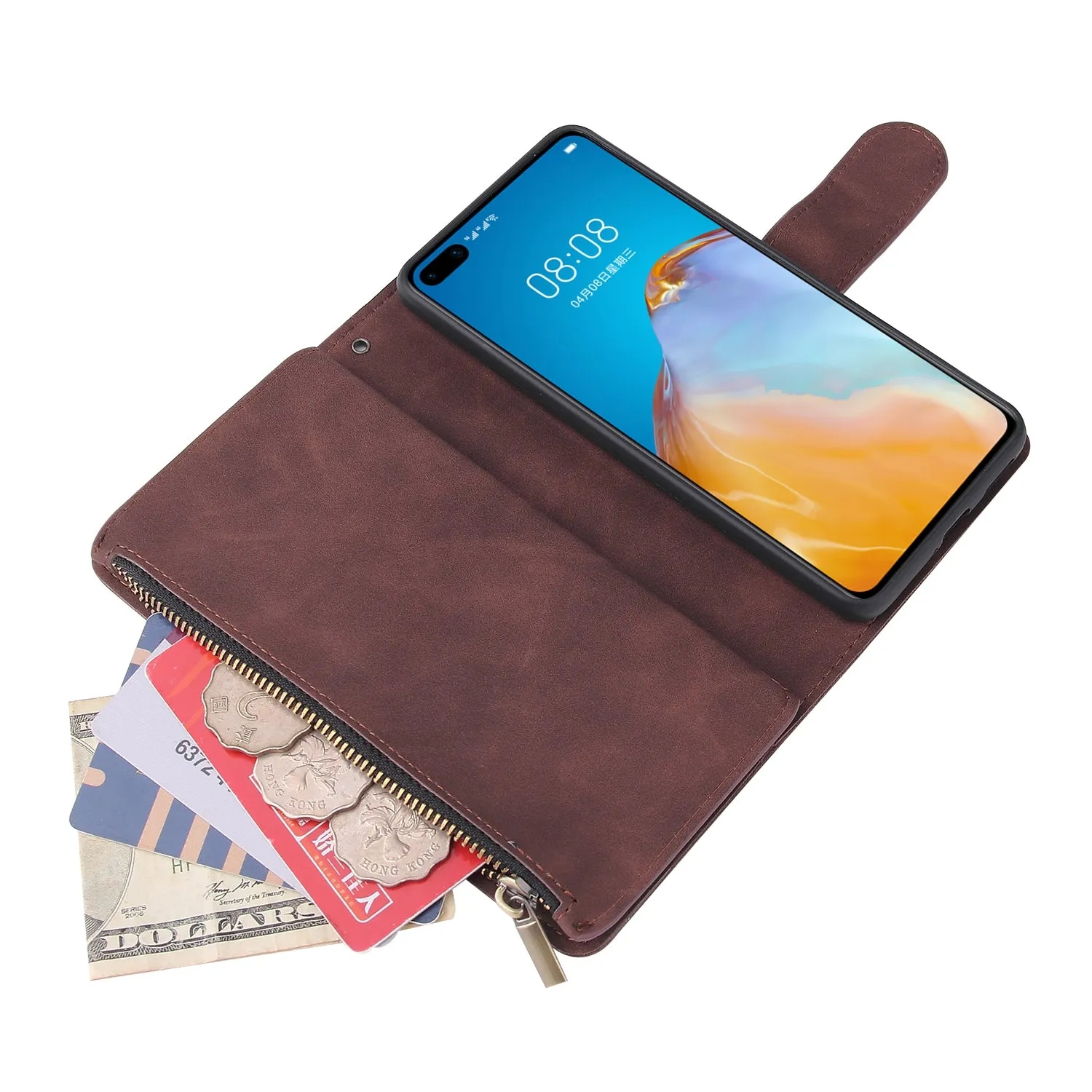 For HUAWEI P40 Case Smartphone Shell Wallet Design Zipper Closure Overall Protection Cellphone Cover  3 brown