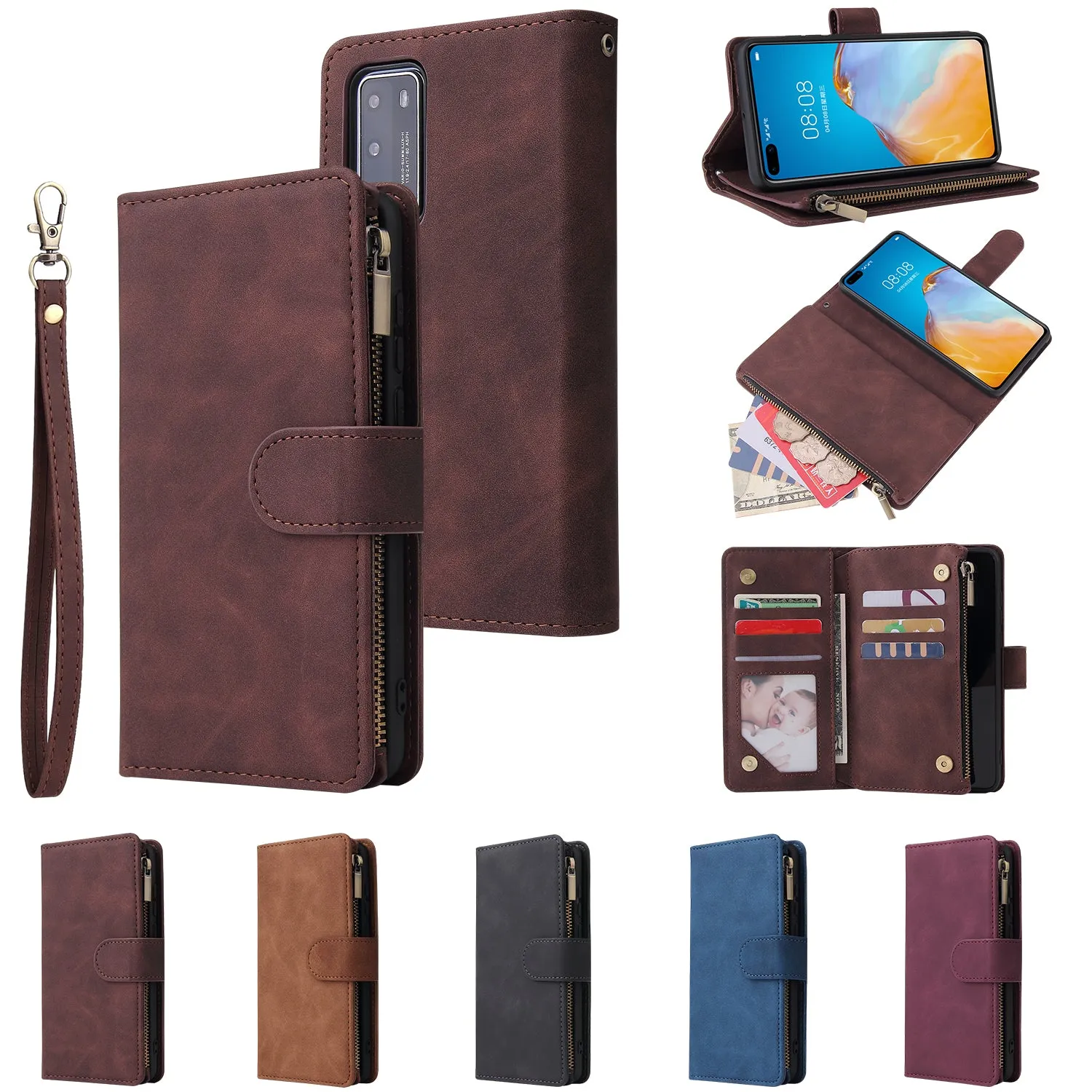For HUAWEI P40 Case Smartphone Shell Wallet Design Zipper Closure Overall Protection Cellphone Cover  3 brown