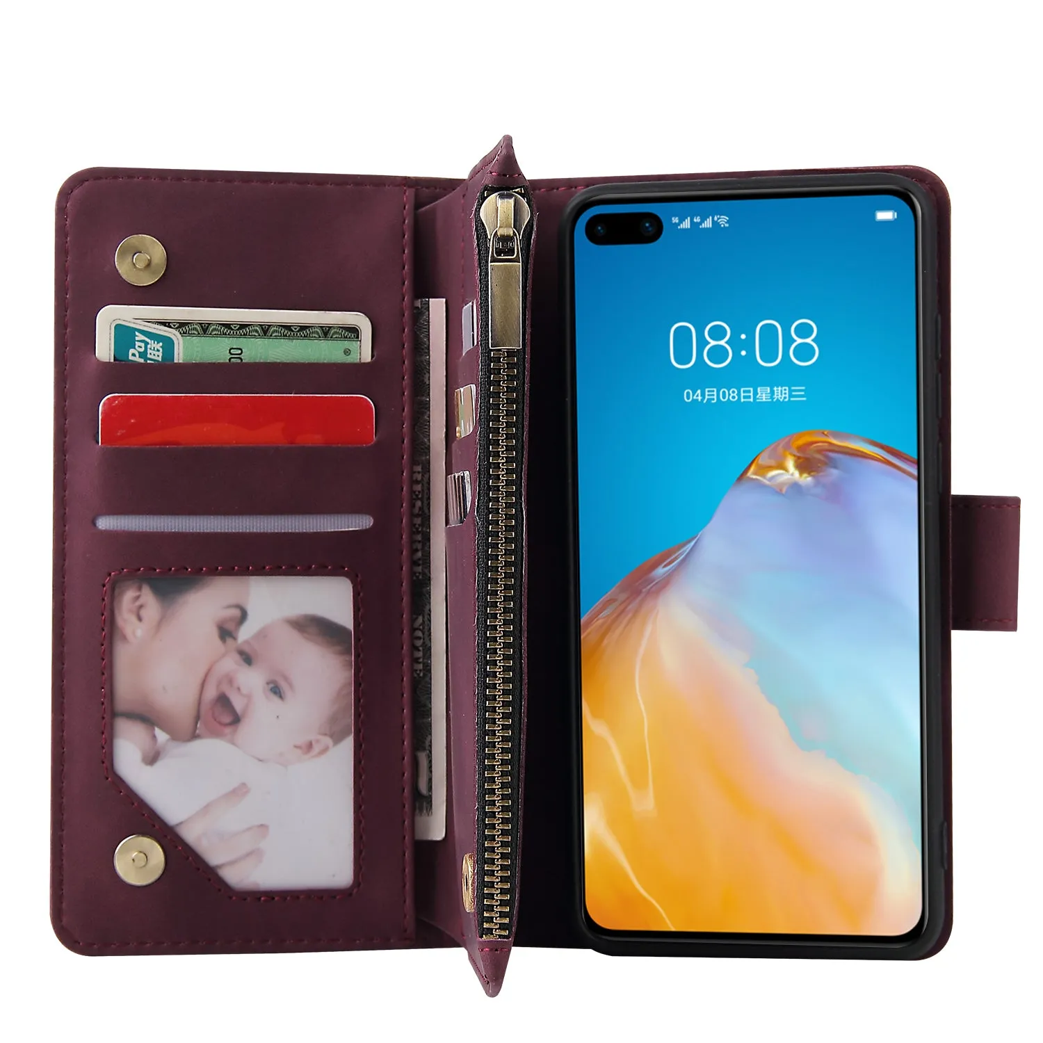 For HUAWEI P40 Case Smartphone Shell Wallet Design Zipper Closure Overall Protection Cellphone Cover  5 wine red