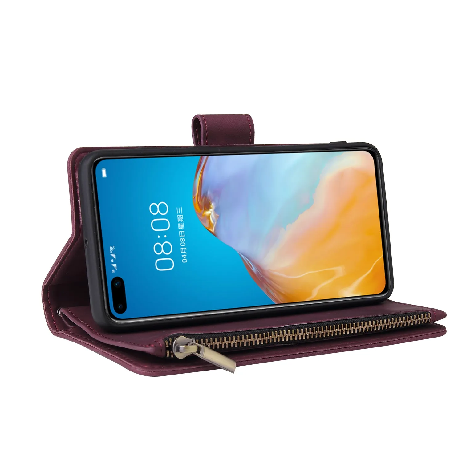 For HUAWEI P40 Case Smartphone Shell Wallet Design Zipper Closure Overall Protection Cellphone Cover  5 wine red