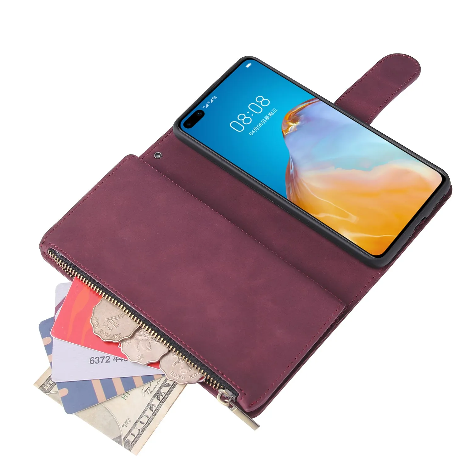 For HUAWEI P40 Case Smartphone Shell Wallet Design Zipper Closure Overall Protection Cellphone Cover  5 wine red