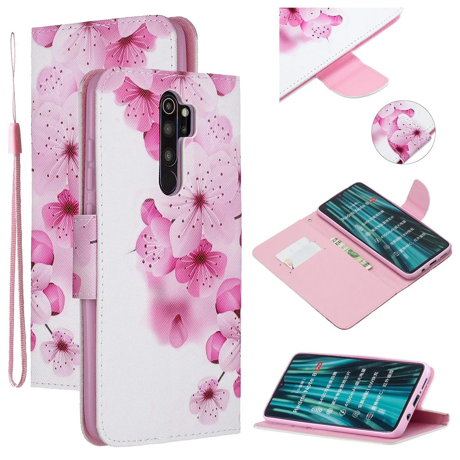 For Redmi Note 8/8 Pro Cellphone Cover Stand Function Wallet Design PU Leather Smartphone Shell Elegant Pattern Printed  peach blossom