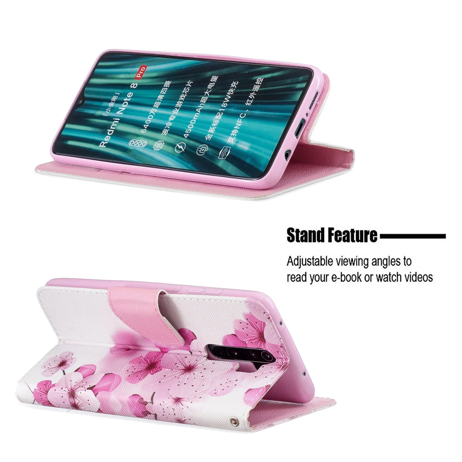For Redmi Note 8/8 Pro Cellphone Cover Stand Function Wallet Design PU Leather Smartphone Shell Elegant Pattern Printed  peach blossom