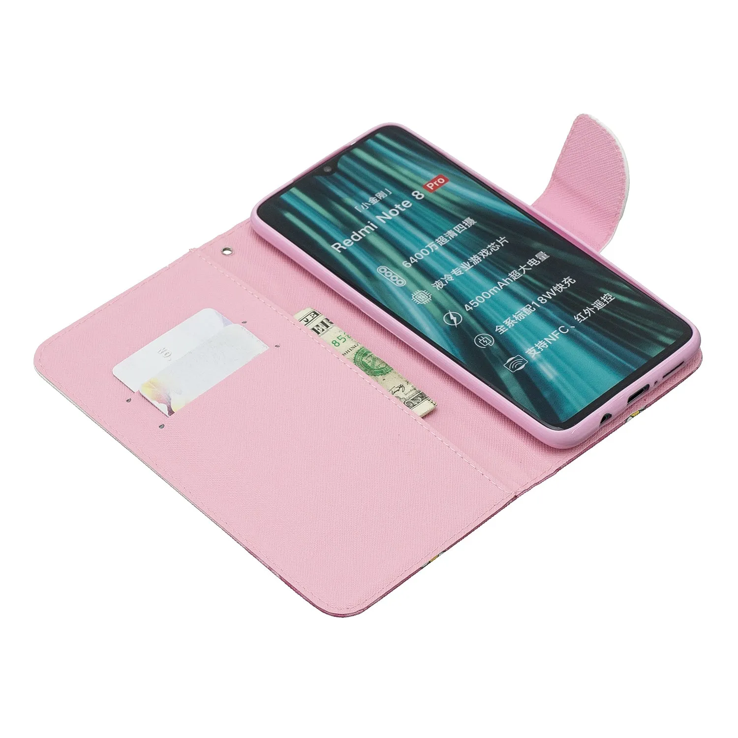 For Redmi Note 8/8 Pro Cellphone Cover Stand Function Wallet Design PU Leather Smartphone Shell Elegant Pattern Printed  Red lip cat