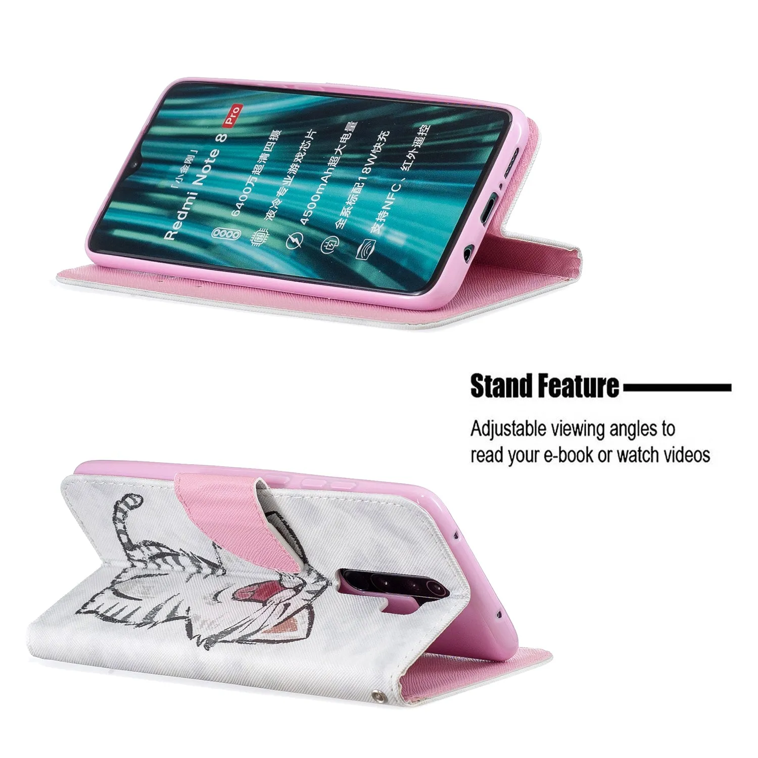 For Redmi Note 8/8 Pro Cellphone Cover Stand Function Wallet Design PU Leather Smartphone Shell Elegant Pattern Printed  Red lip cat