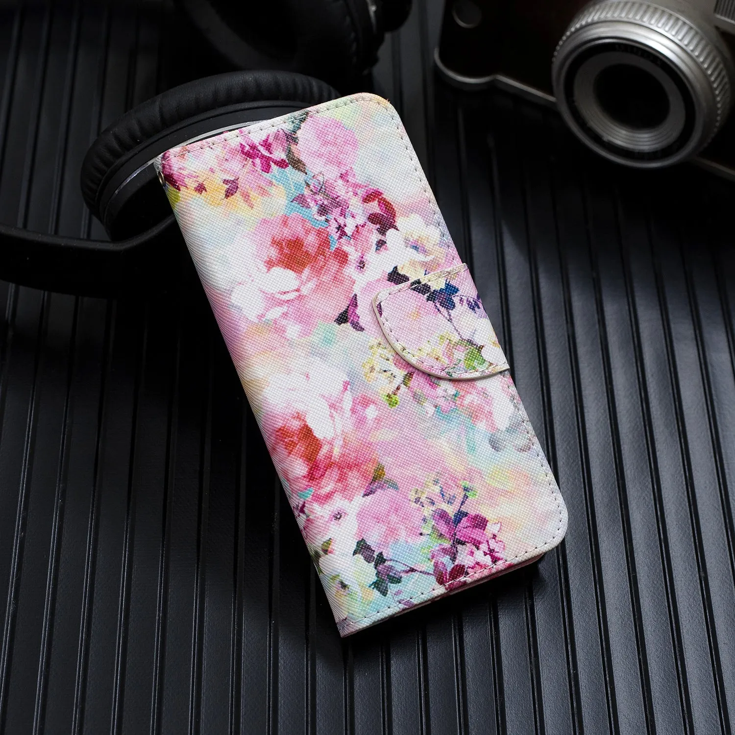 For Redmi Note 8/8 Pro Cellphone Cover Stand Function Wallet Design PU Leather Smartphone Shell Elegant Pattern Printed  Watercolor flower