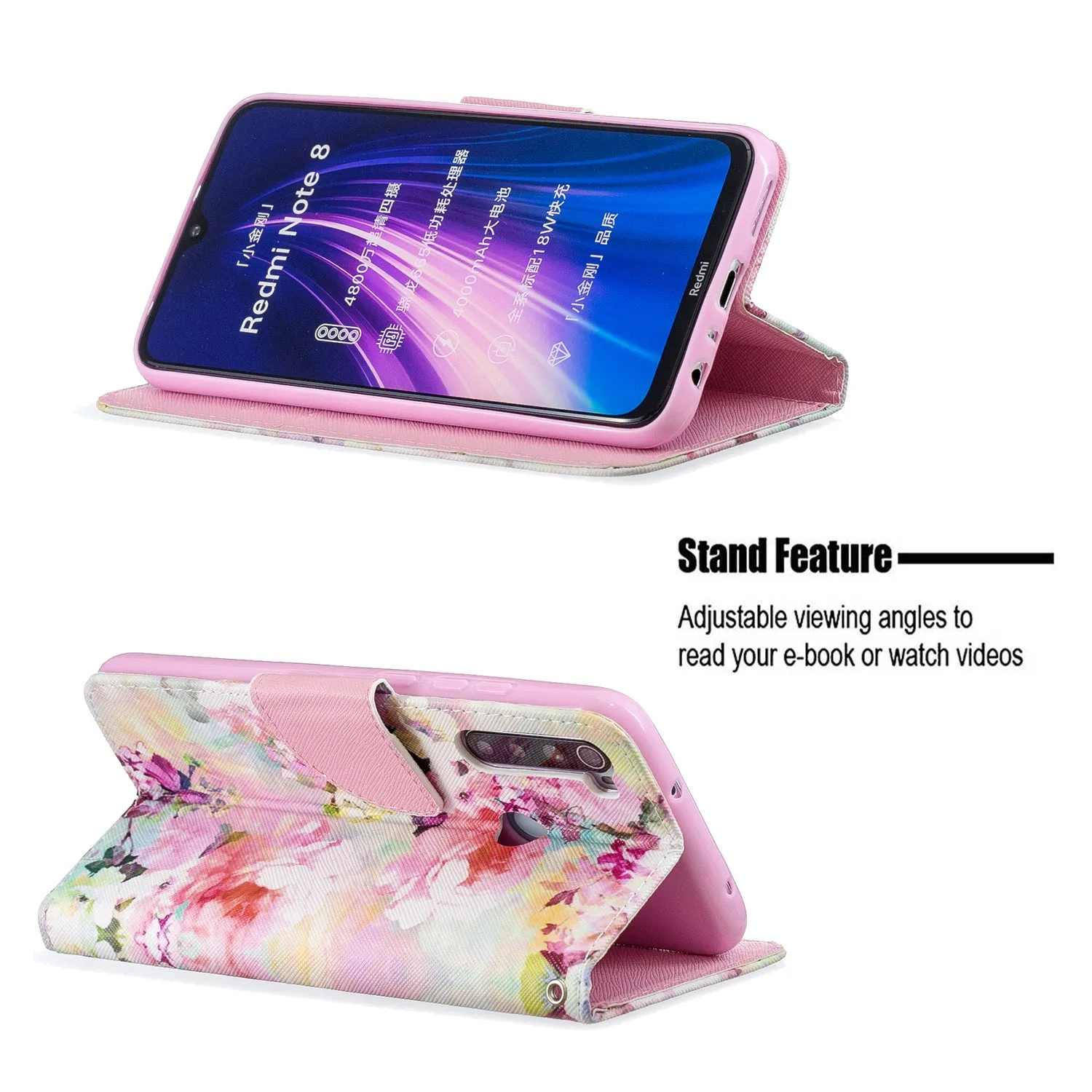 For Redmi Note 8/8 Pro Cellphone Cover Stand Function Wallet Design PU Leather Smartphone Shell Elegant Pattern Printed  Watercolor flower