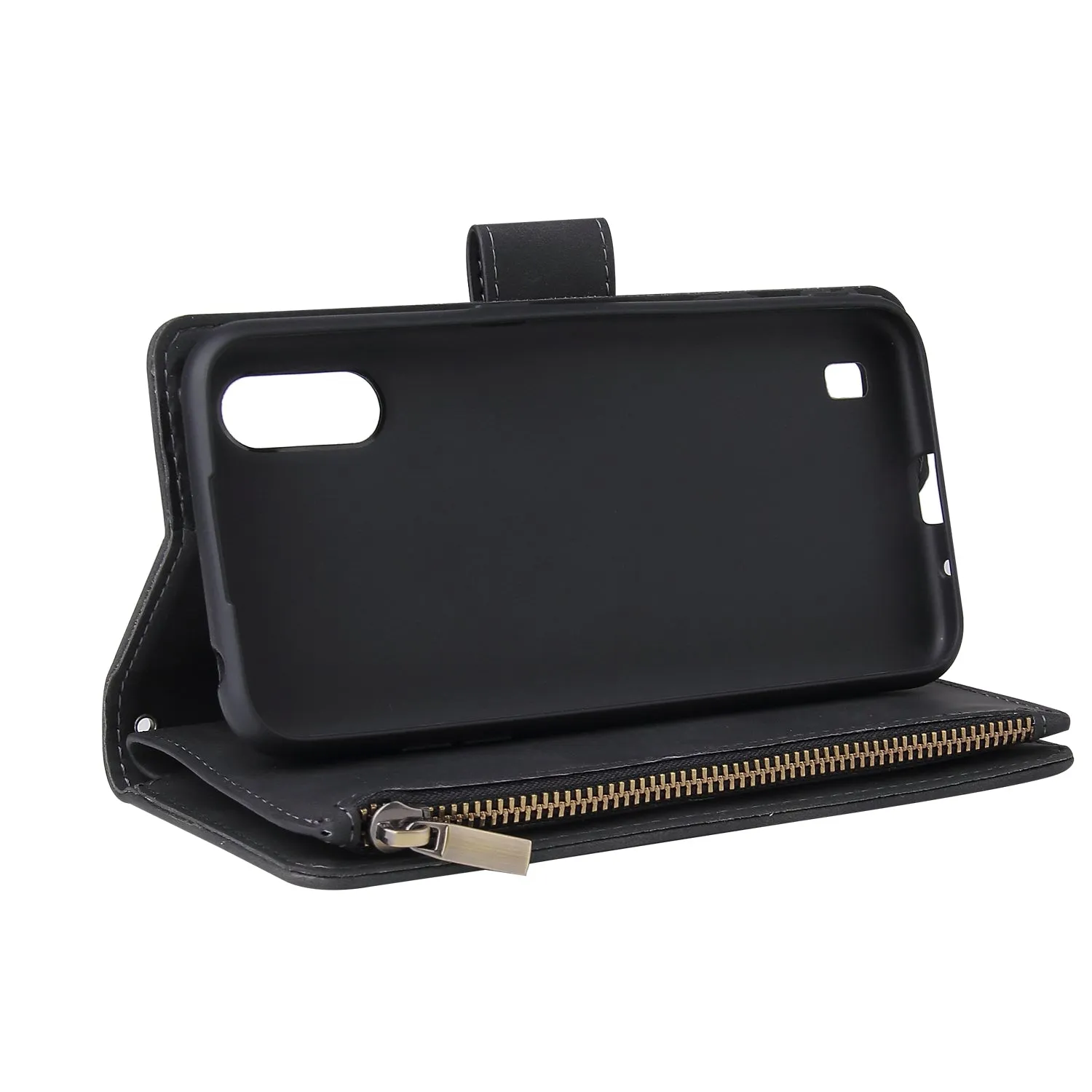 For Samsung A01 Case Smartphone Shell Wallet Design Zipper Closure Overall Protection Cellphone Cover  1 black