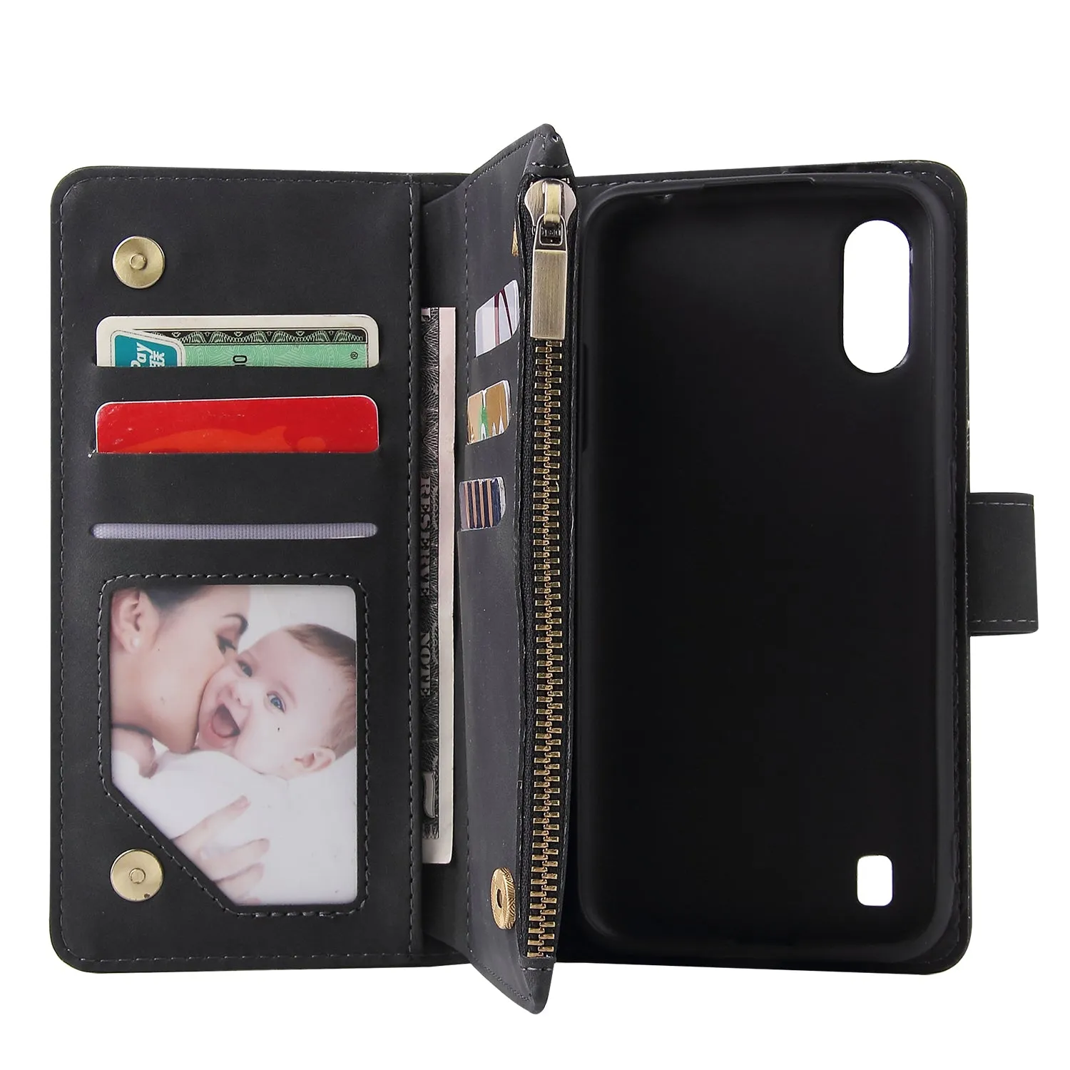 For Samsung A01 Case Smartphone Shell Wallet Design Zipper Closure Overall Protection Cellphone Cover  1 black