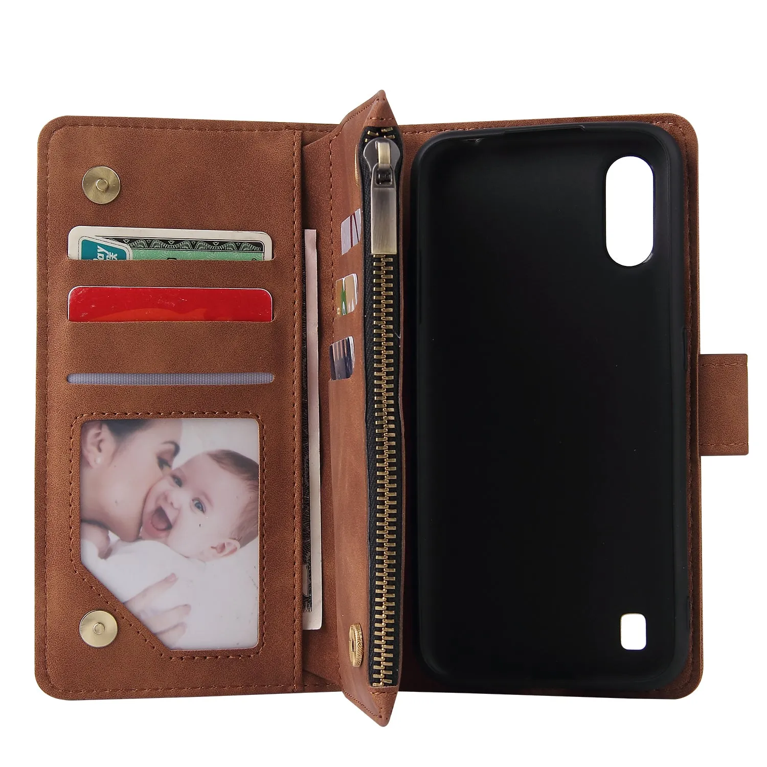 For Samsung A01 Case Smartphone Shell Wallet Design Zipper Closure Overall Protection Cellphone Cover  4 brown