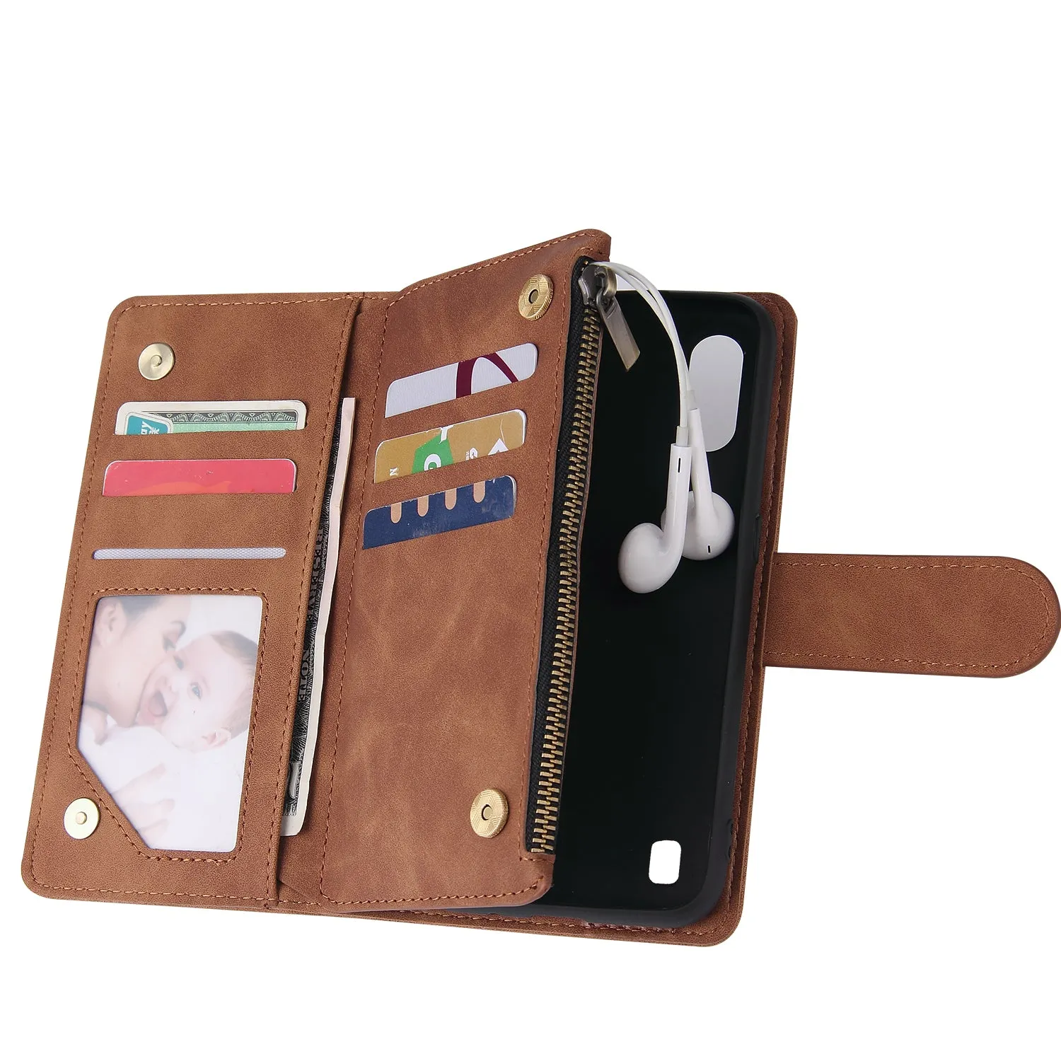 For Samsung A01 Case Smartphone Shell Wallet Design Zipper Closure Overall Protection Cellphone Cover  4 brown