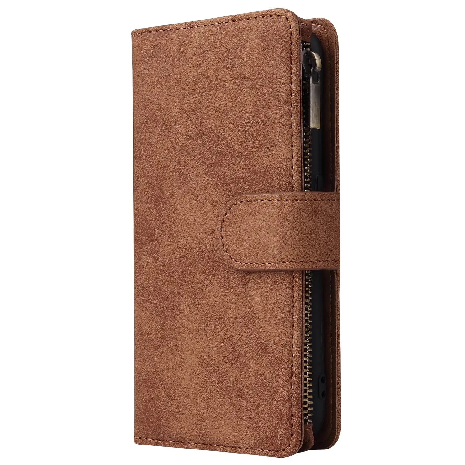 For Samsung A01 Case Smartphone Shell Wallet Design Zipper Closure Overall Protection Cellphone Cover  4 brown