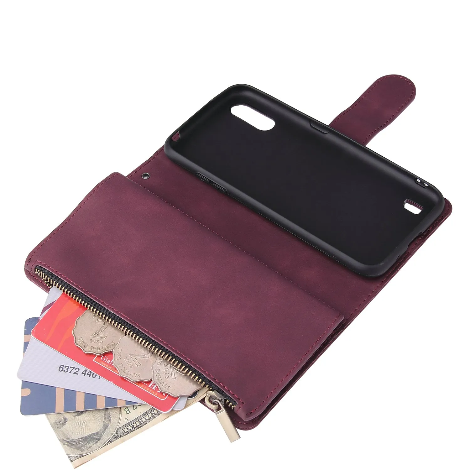 For Samsung A01 Case Smartphone Shell Wallet Design Zipper Closure Overall Protection Cellphone Cover  5 wine red