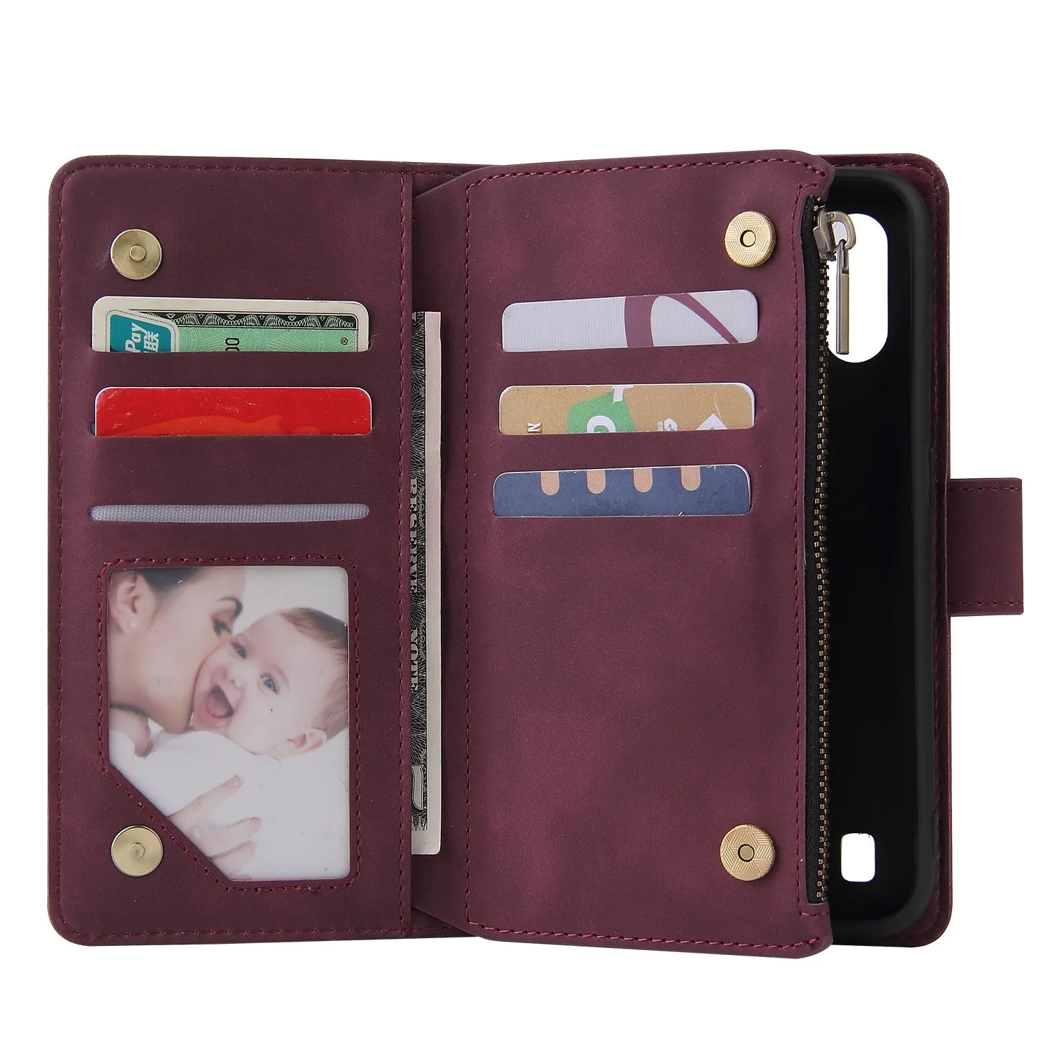 For Samsung A01 Case Smartphone Shell Wallet Design Zipper Closure Overall Protection Cellphone Cover  5 wine red