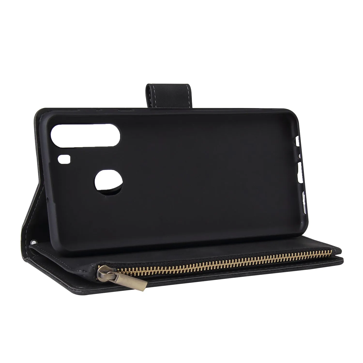 For Samsung A21 Mobile Phone Case Smartphone Shell Wallet Design Zipper Closure Overall Protection Cover  1 black