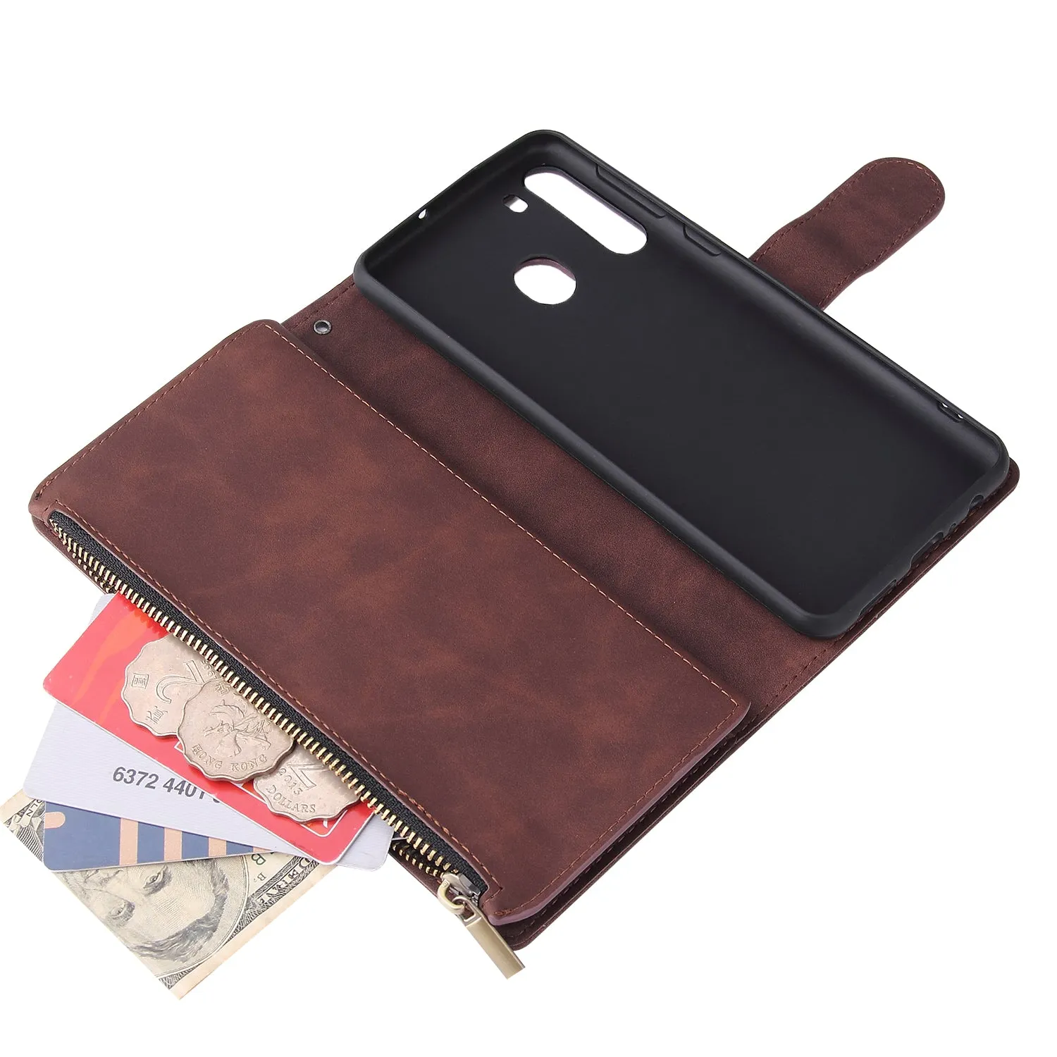 For Samsung A21 Mobile Phone Case Smartphone Shell Wallet Design Zipper Closure Overall Protection Cover  1 black