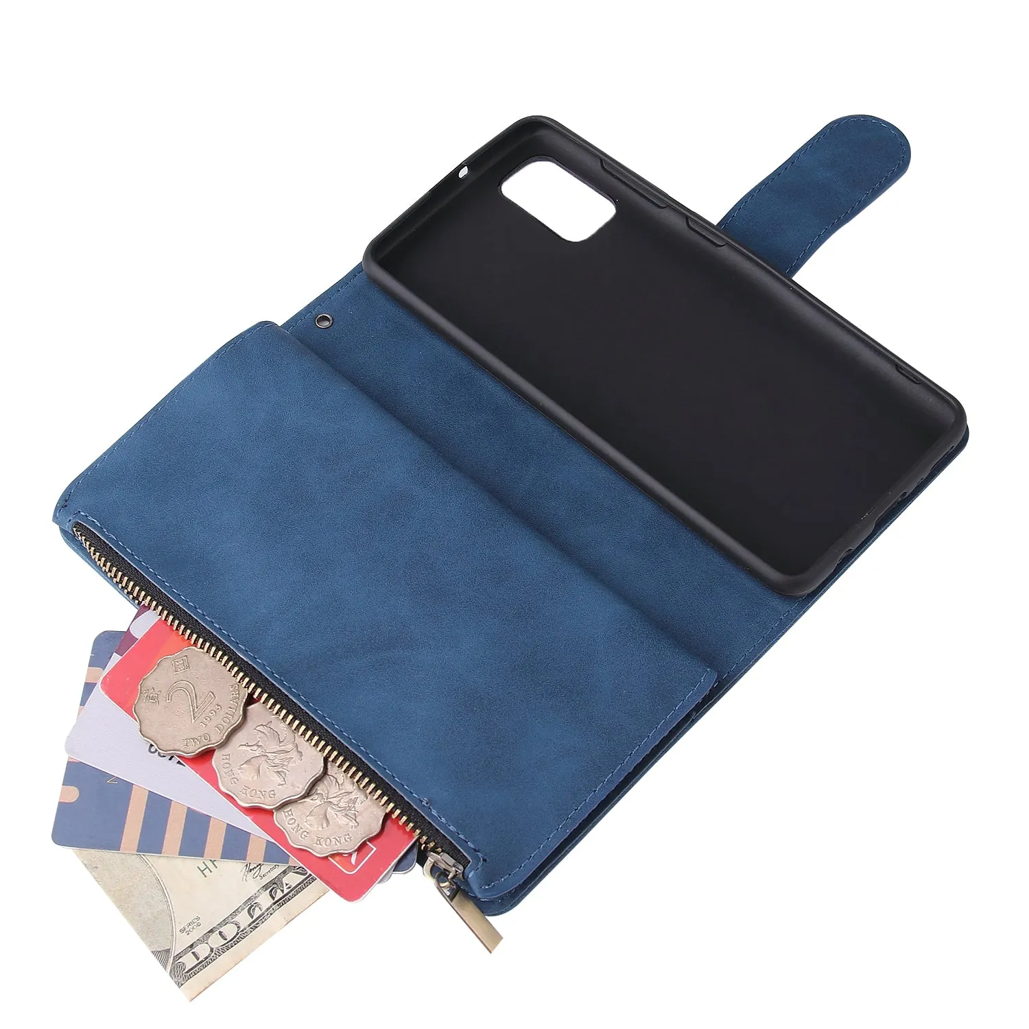 For Samsung A41 Mobile Phone Case Wallet Design Zipper Closure Overall Protection Cellphone Cover  2 blue