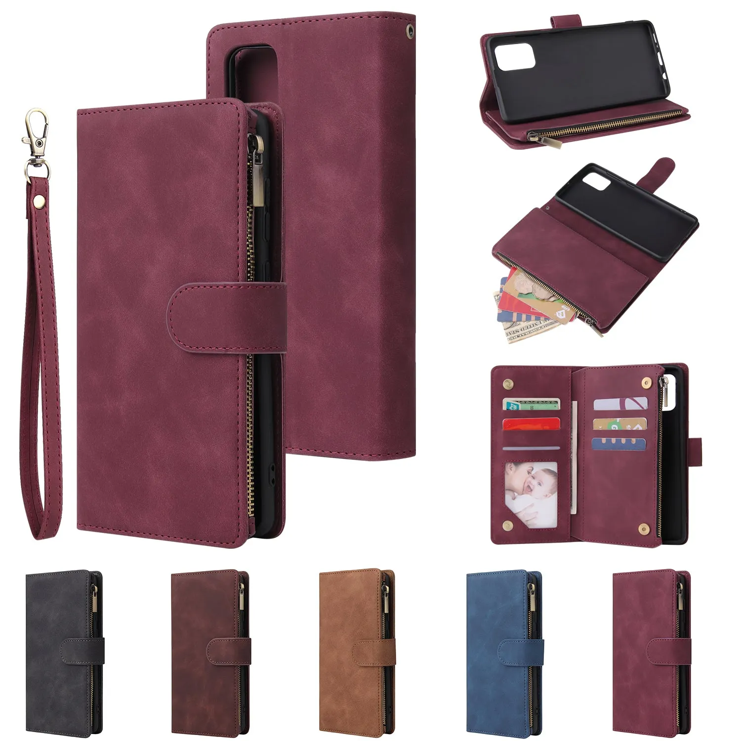 For Samsung A71 Case Smartphone Shell Precise Cutouts Zipper Closure Wallet Design Overall Protection Phone Cover  Brown