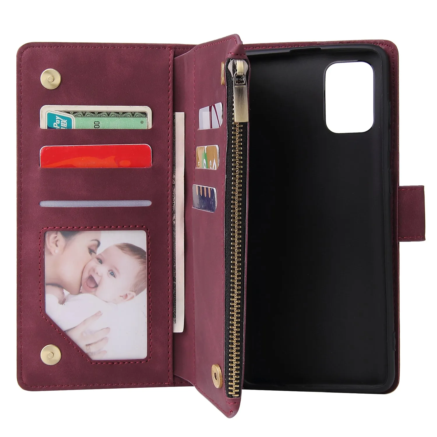 For Samsung A71 Case Smartphone Shell Precise Cutouts Zipper Closure Wallet Design Overall Protection Phone Cover  Wine red