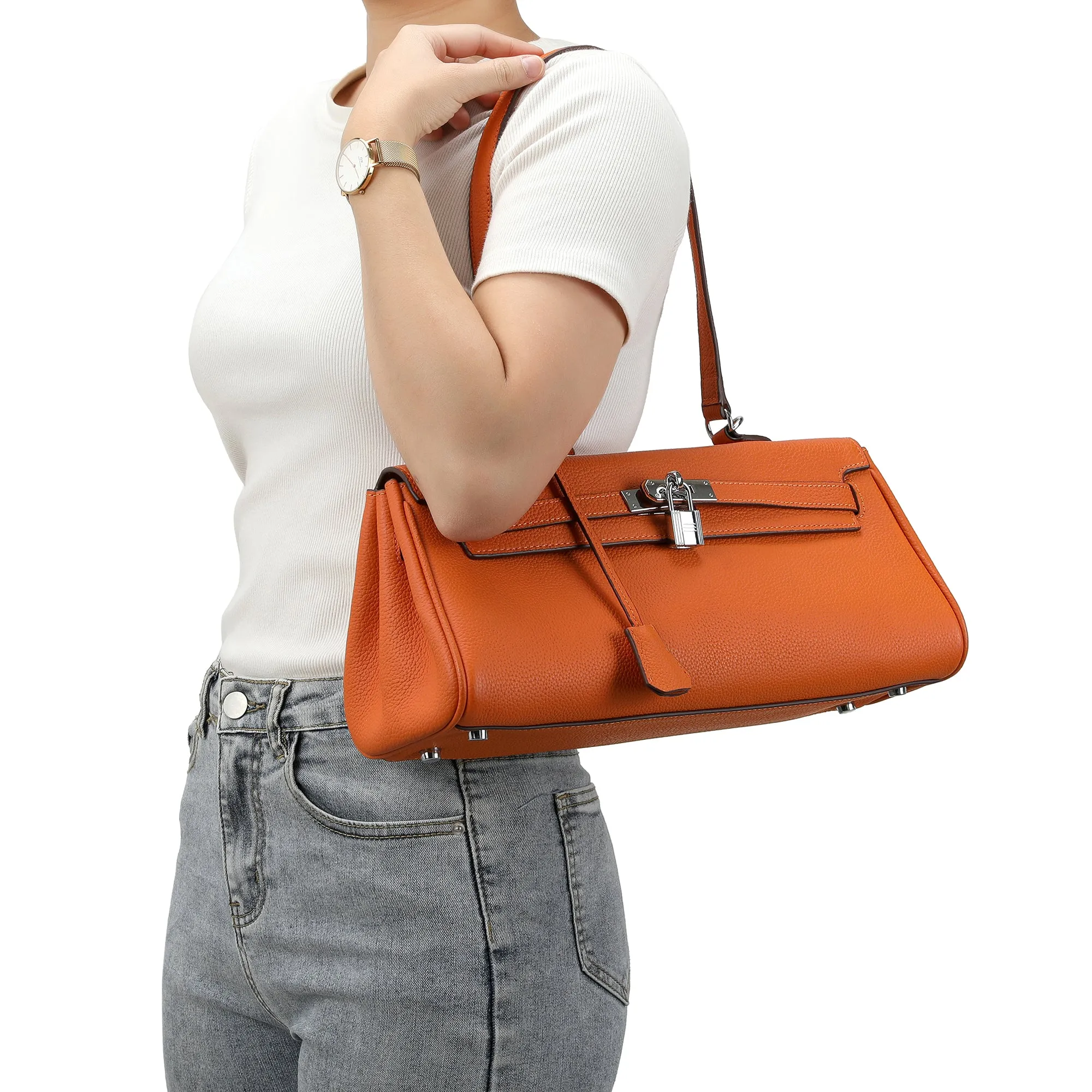Full-Gain Leather East-West Shoulder Bag