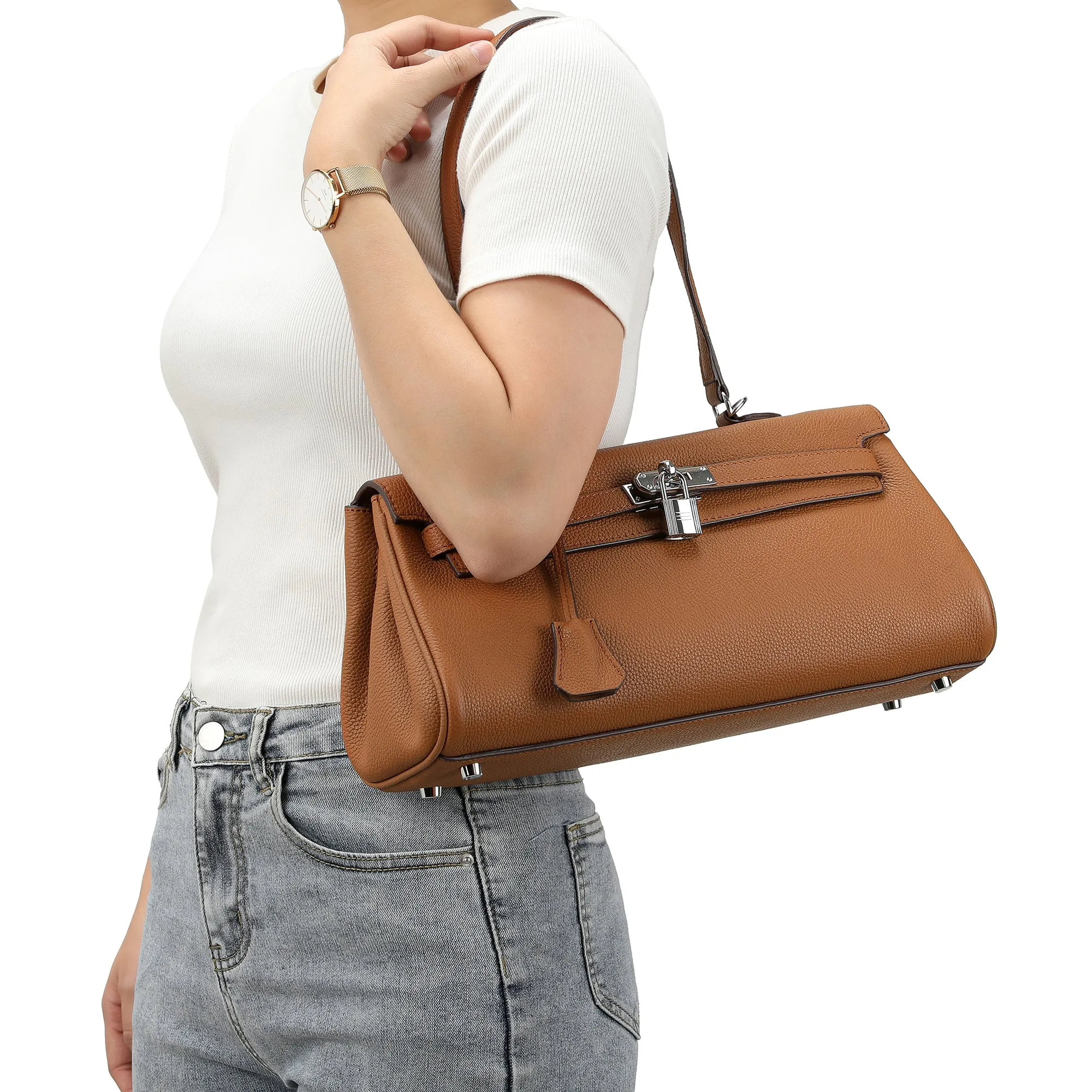 Full-Gain Leather East-West Shoulder Bag