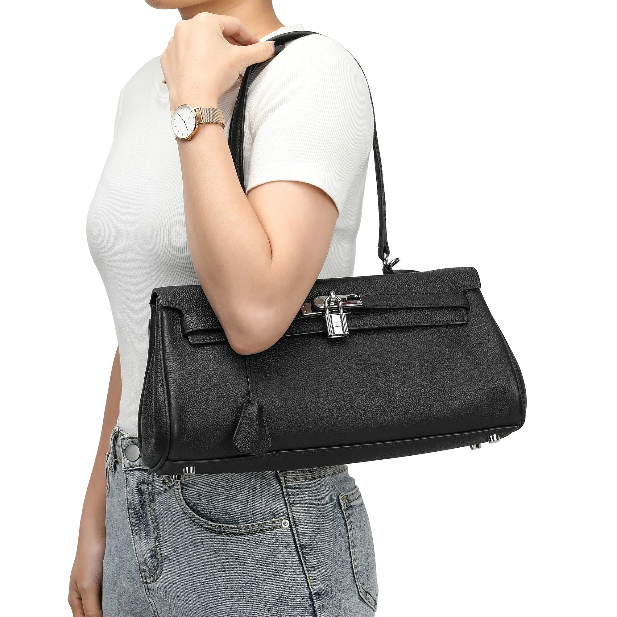 Full-Gain Leather East-West Shoulder Bag