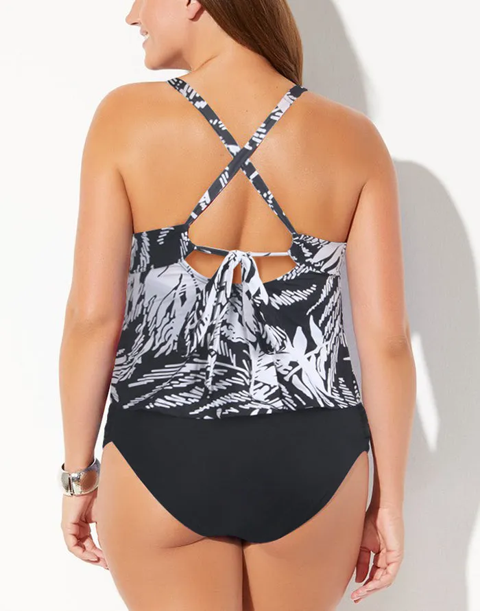 FULLFITALL - Black&Animal Print Scarf X-Back Tankini Set