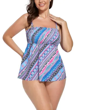 FULLFITALL - Pink Blue Zigzag Smocked Bandeau Tankini Set