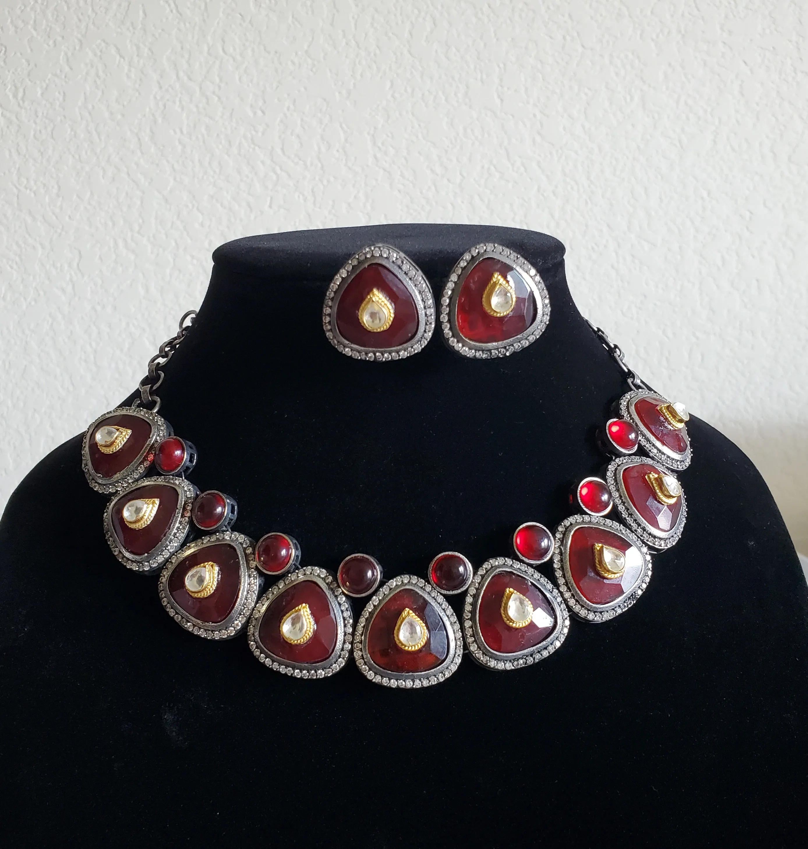 Fusion Style Pachi Kundan AD Choker With Oxidised Polish Ruby Red