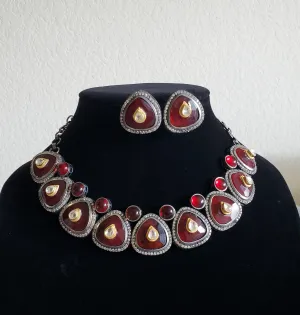 Fusion Style Pachi Kundan AD Choker With Oxidised Polish Ruby Red