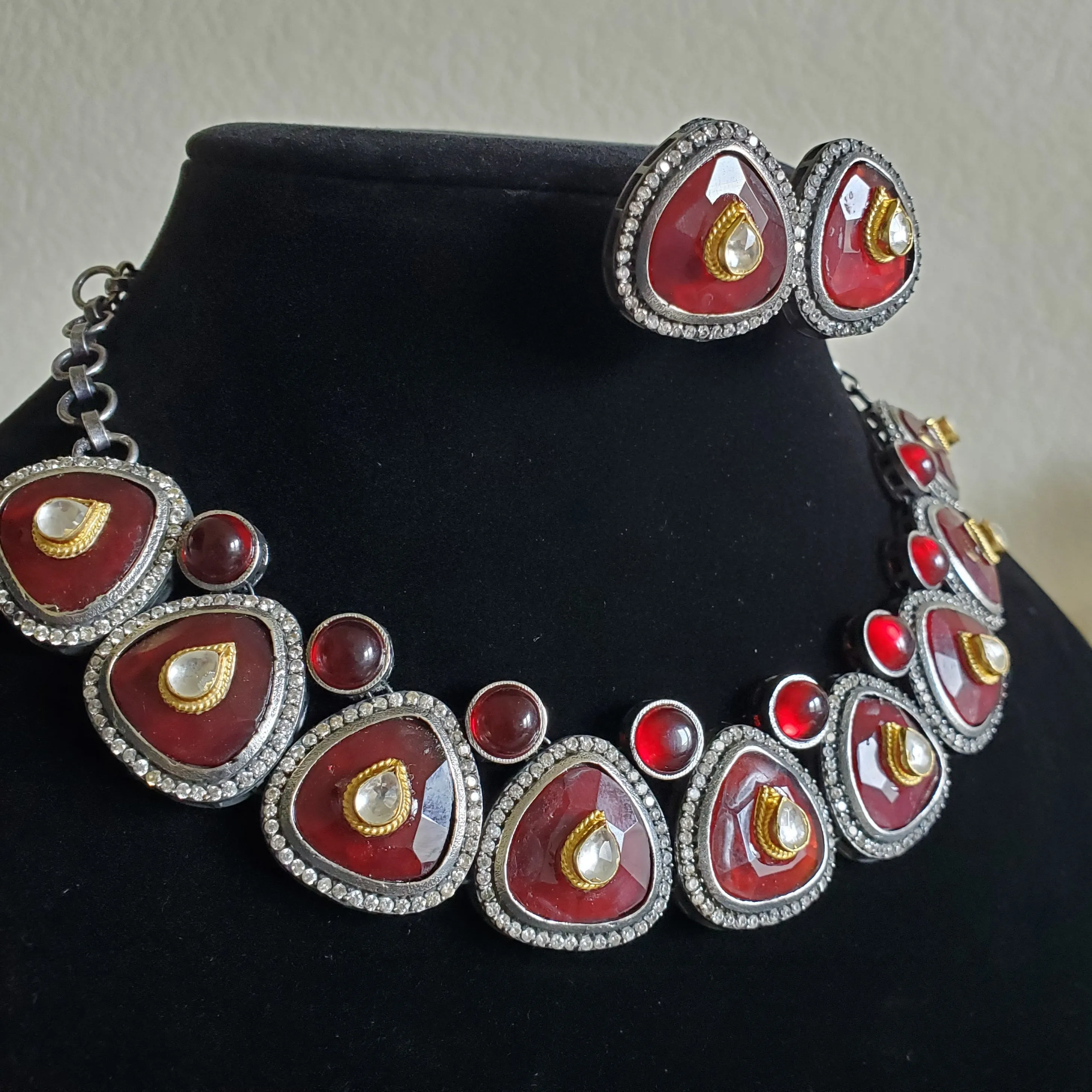 Fusion Style Pachi Kundan AD Choker With Oxidised Polish Ruby Red