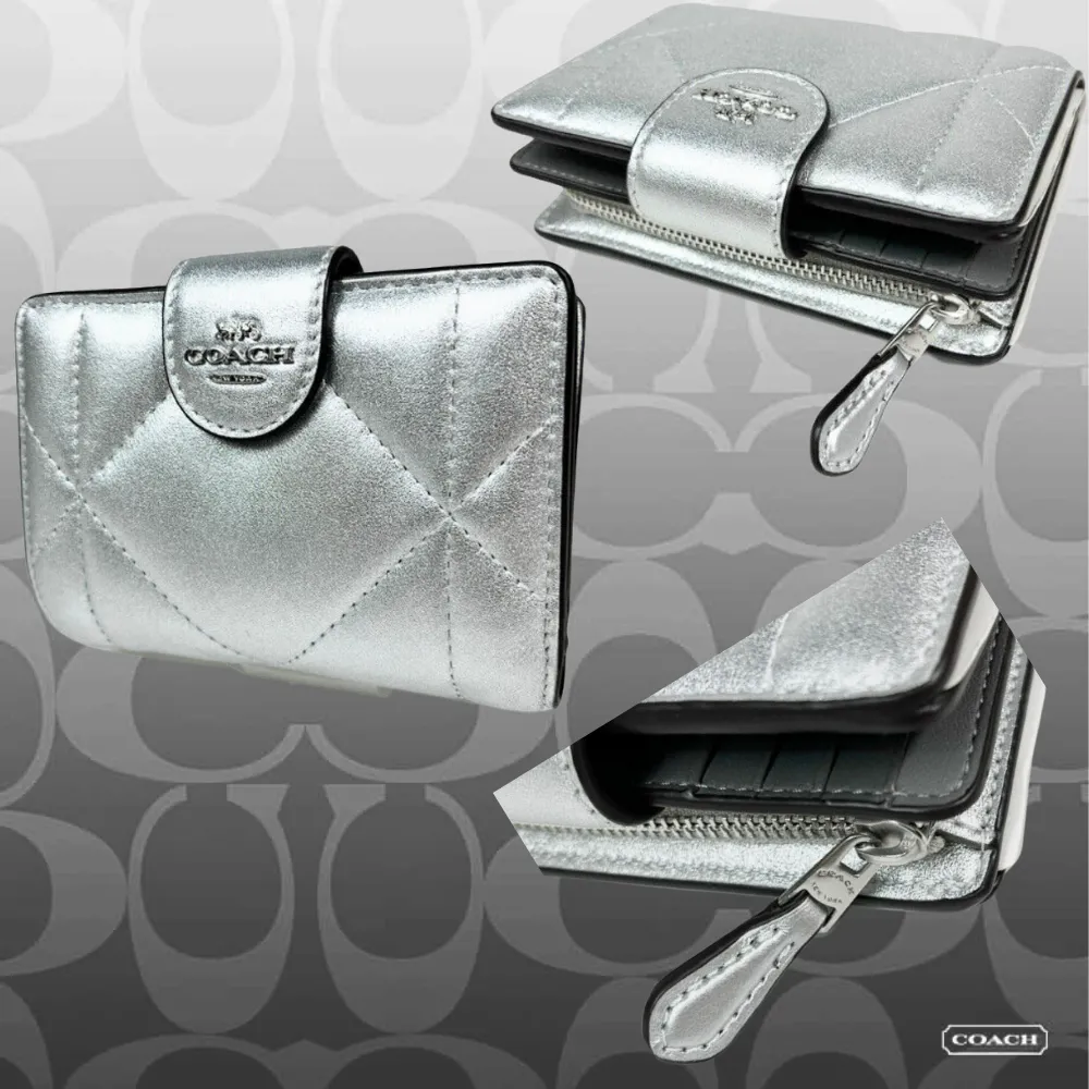 Genuine COACH Edgy Medium Corner Zip Wallet in Silver Metallic with Puffy Diamond Quilting