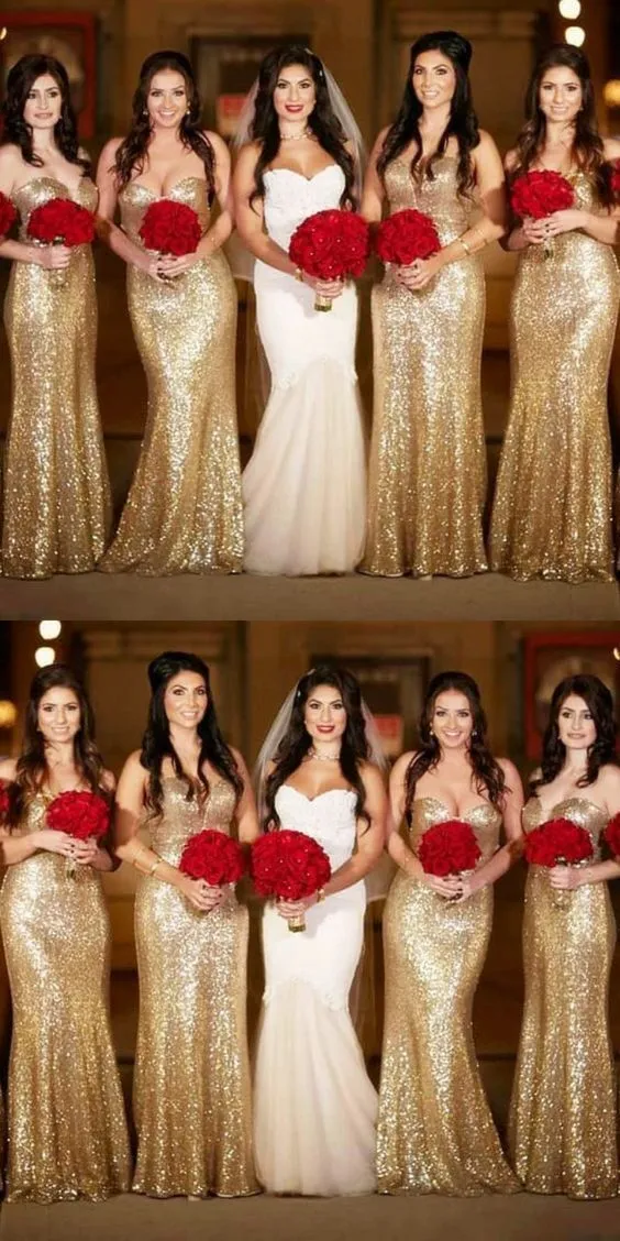 gold sparkly bridesmaid dresses 2020 mermaid sweetheart neck elegant long cheap wedding guest dress