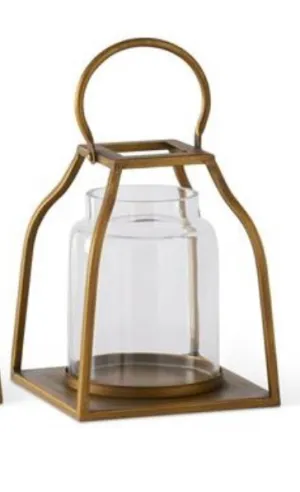Gold Trapezoid Lanterns w/ Glass Hurricane- Sold Individually STORE PICKUP ONLY