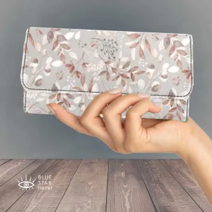 Gray Botanical Leaves Trifold Wallet Black