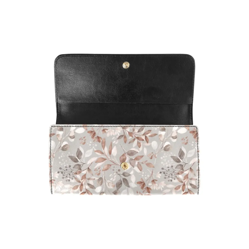 Gray Botanical Leaves Trifold Wallet Black