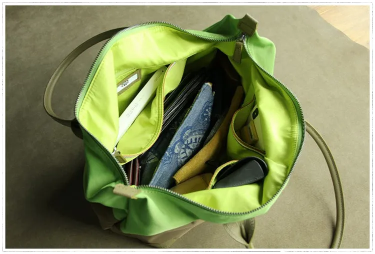 Green Womens Nylon Shoulder Handbag Womens Nylon Contrast Color Shoulder Work Purse Nylon for Ladies