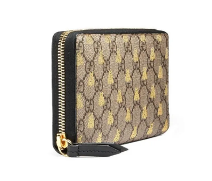 Gucci GG Supreme Bees Zip Around Wallet in Beige
