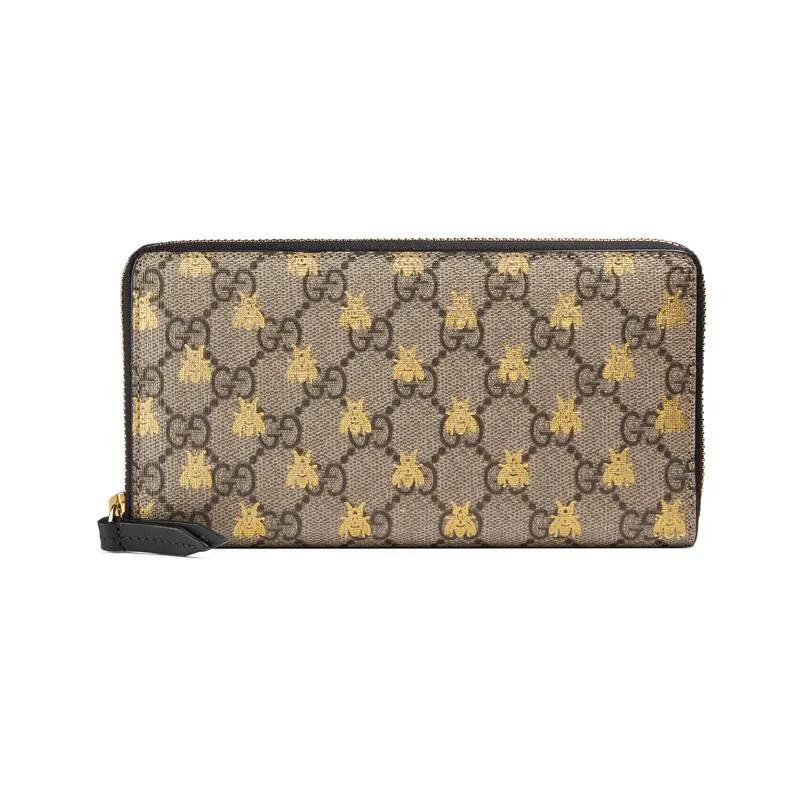 Gucci GG Supreme Bees Zip Around Wallet in Beige
