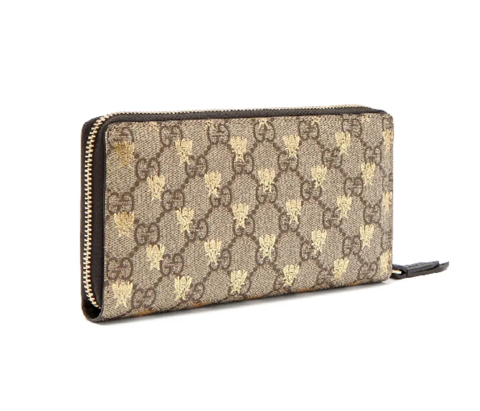 Gucci GG Supreme Bees Zip Around Wallet in Beige