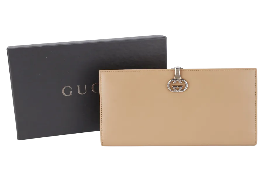 GUCCI INTERLOCKING LONG WALLET BEIGE CALF LEATHER BOX NO DUST COVER