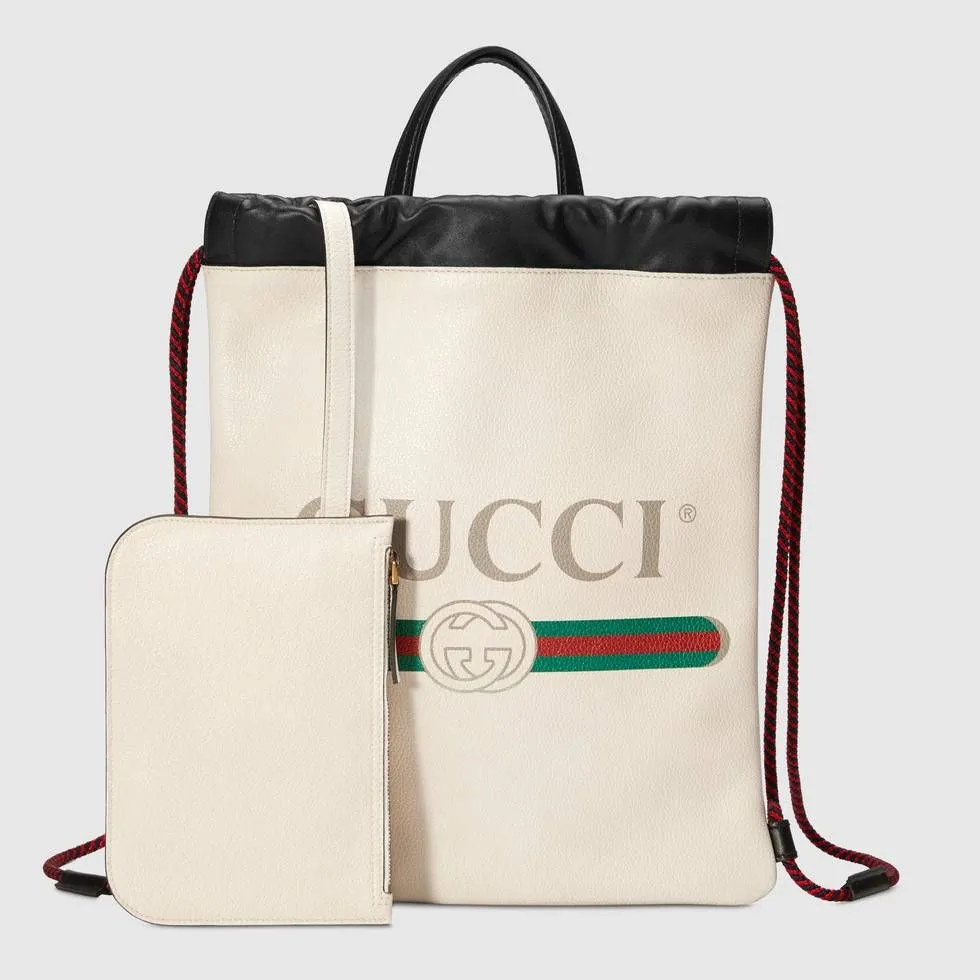 Gucci Logo-Print Drawstring Backpack in White