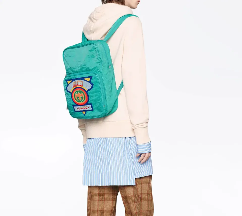 Gucci Medium 80s Logo Patch Backpack in Blue