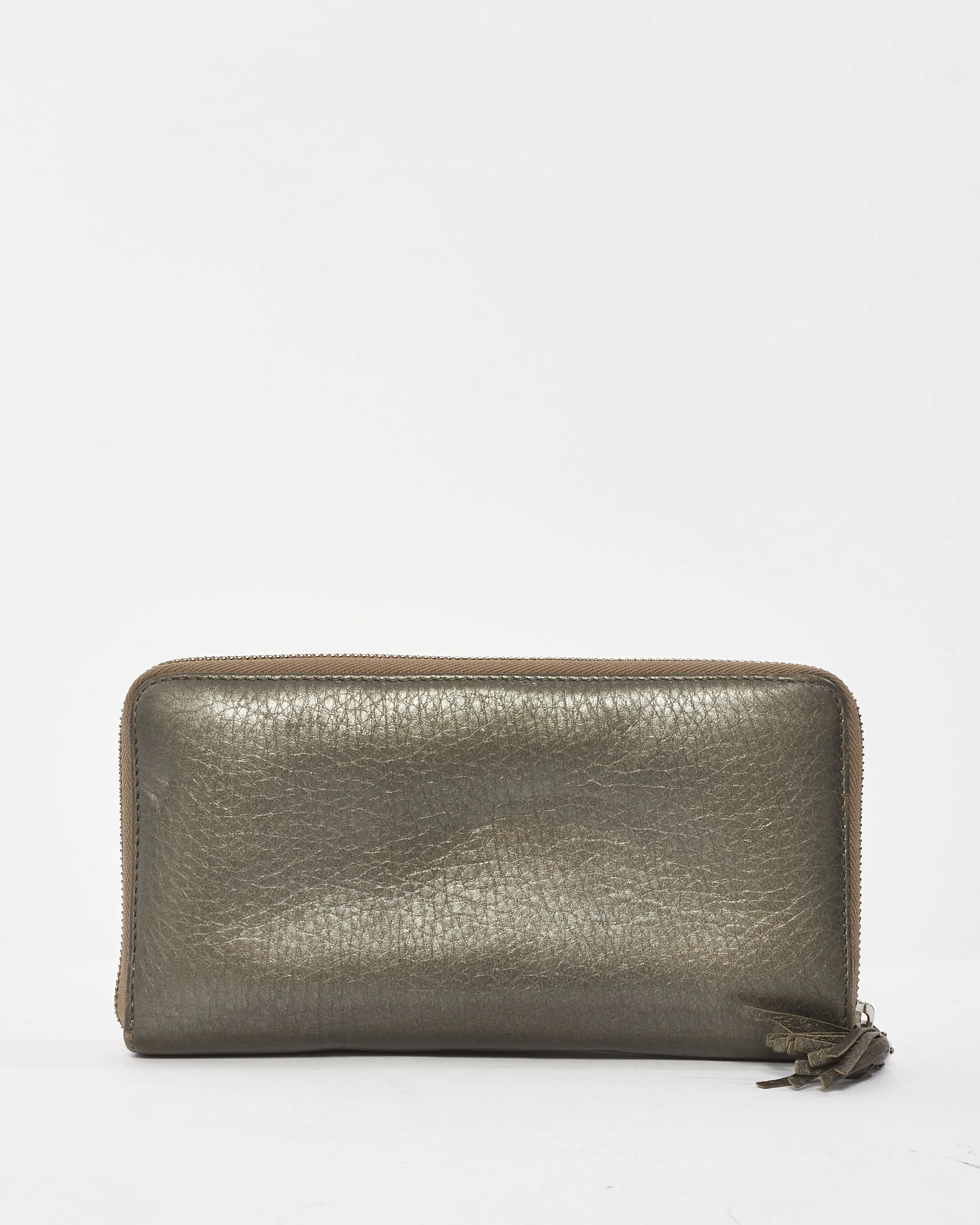 Gucci Metallic Pewter Leather Embossed Soho Logo Long Zip Wallet