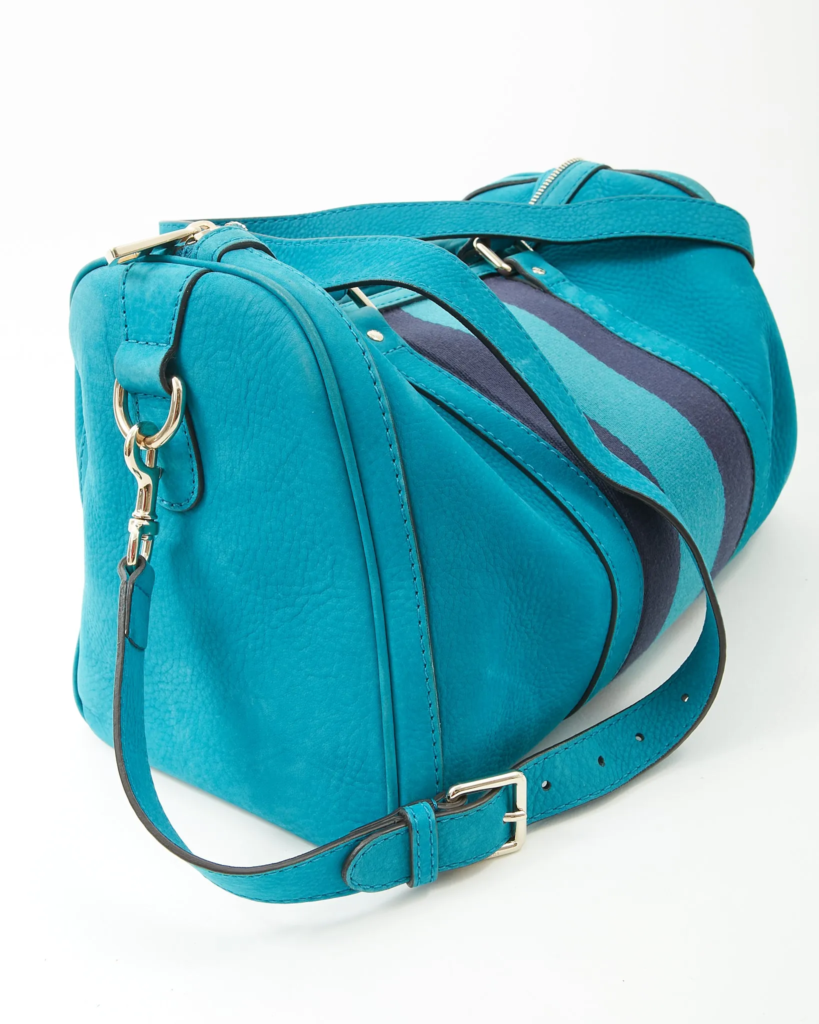 Gucci Teal Blue Suede Web Boston Bag