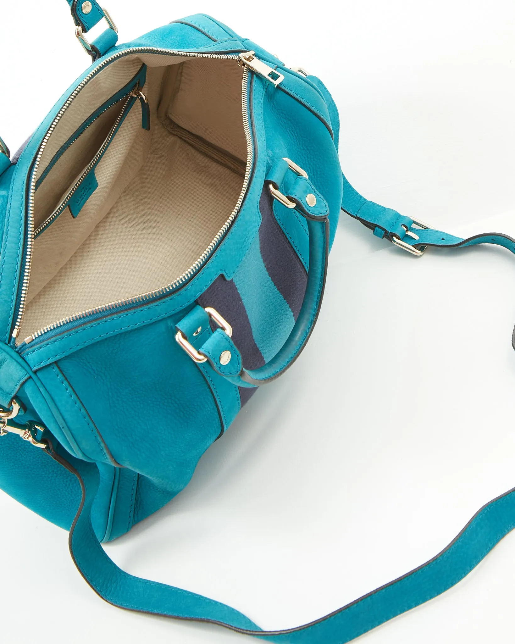 Gucci Teal Blue Suede Web Boston Bag