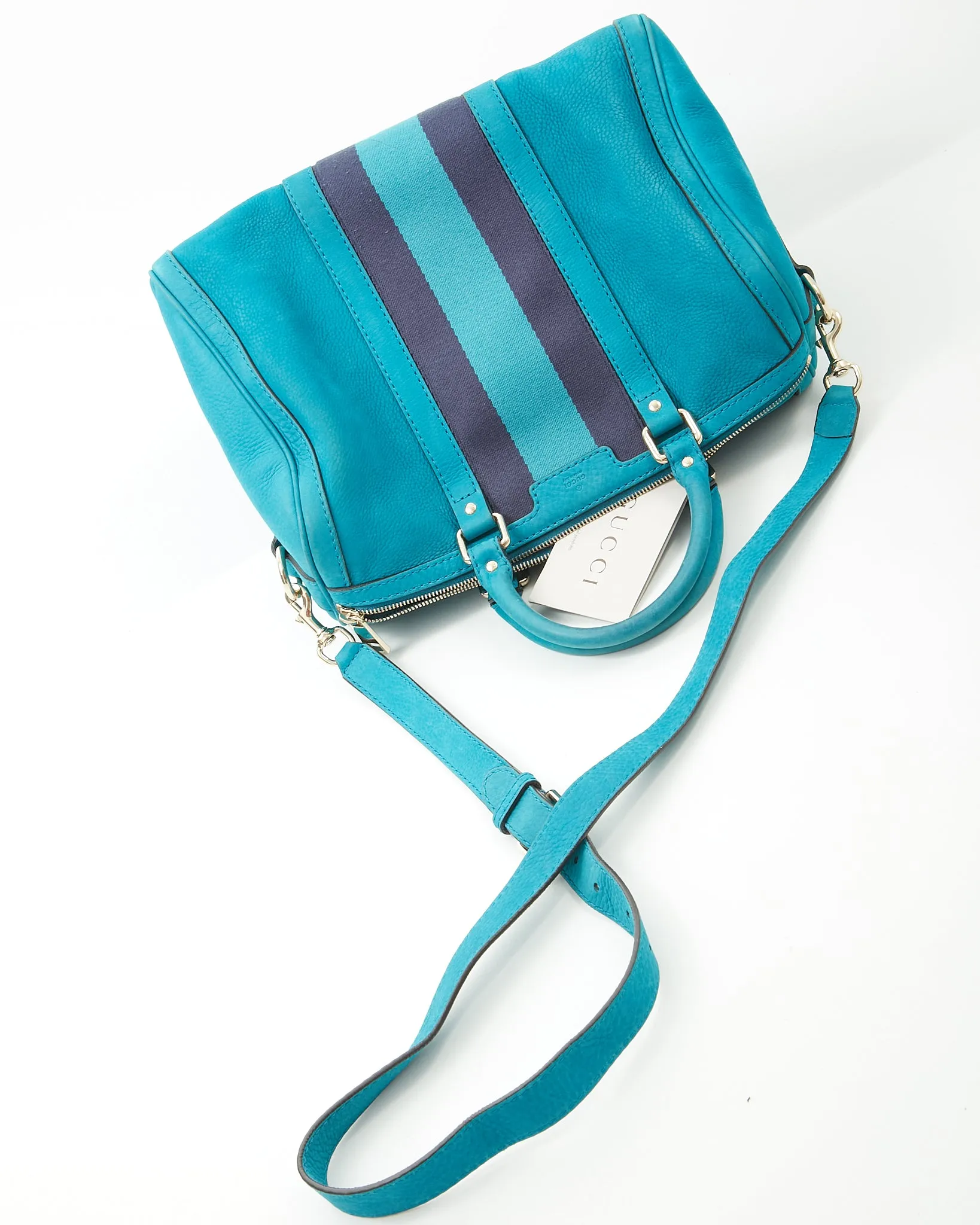Gucci Teal Blue Suede Web Boston Bag
